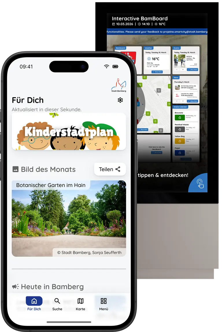 Bamberg App: Startbildschirm Für Dich mit dem Banner zum Kinderstadtplan und dem Bild des Monats aus dem Botanischen Garten im Hain, dahinter eine interaktive BamBoard-Stele mit Wetter, Terminen, Nachrichten und Abfallkalender