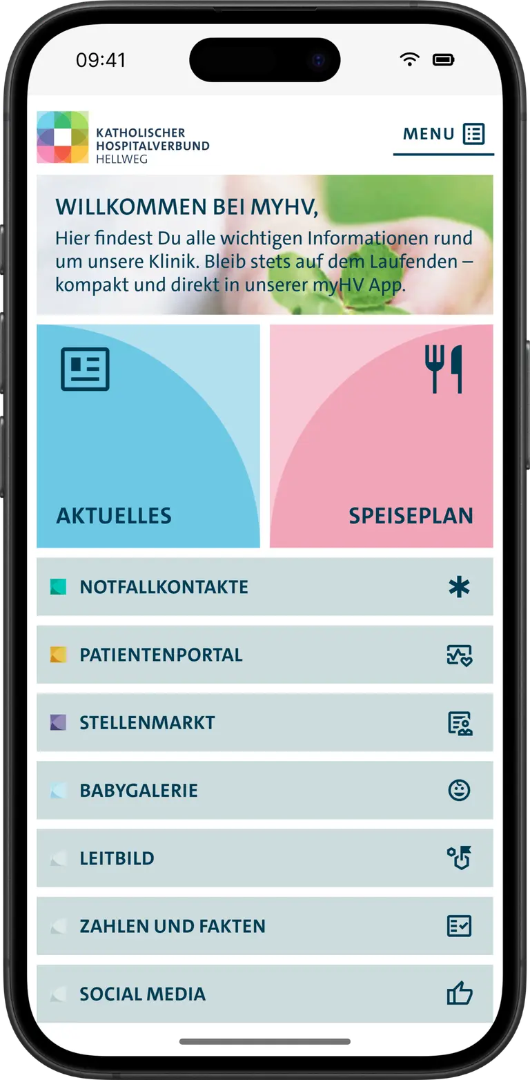 myHV: Startbildschirm mit der Begrüßung Willkommen bei myHV, den Kacheln Aktuelles und Speiseplan und einer Liste mit Notfallkontakten, Patientenportal, Stellenmarkt und Babygalerie