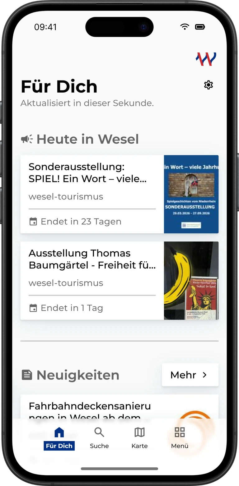 Stadt Wesel App: Startbildschirm Für Dich mit zwei Ausstellungshinweisen von wesel-tourismus und dem Bereich Neuigkeiten