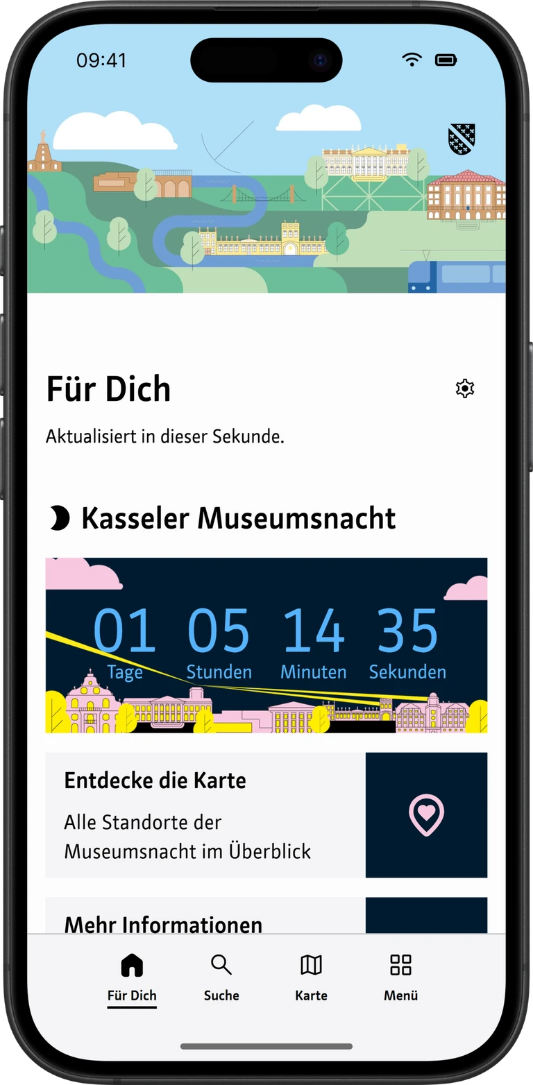 Kassel App: Startbildschirm Für Dich mit illustrierter Stadtansicht, Countdown zur Kasseler Museumsnacht und der Kachel Entdecke die Karte