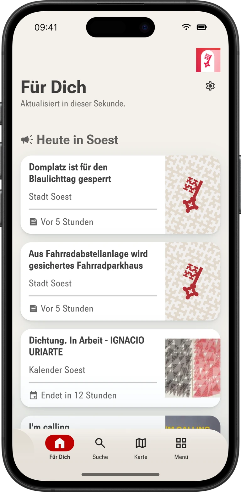 SoestApp: Startbildschirm Für Dich mit Meldungen aus Soest, darunter die Sperrung des Domplatzes und das neue Fahrradparkhaus