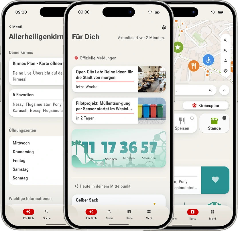 Drei Smartphones mit verschiedenen Ansichten der URBO App